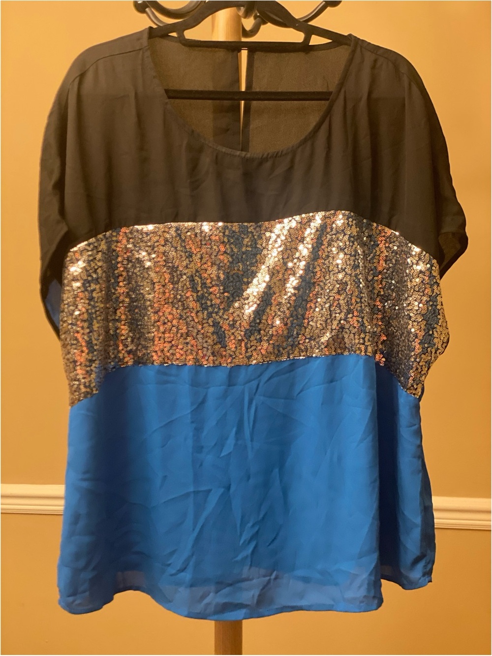 Plus Size Black, Blue & Silver Sequin Colorblock Blouse